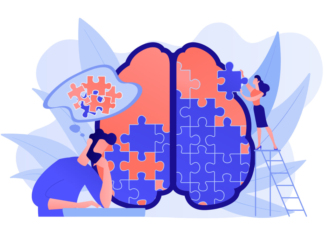 Man doing human brain puzzle. Psychology and psychotherapy session, mental healing and wellbeing, therapist counselling mental illness and difficulties violet palette. Vector isolated illustration.